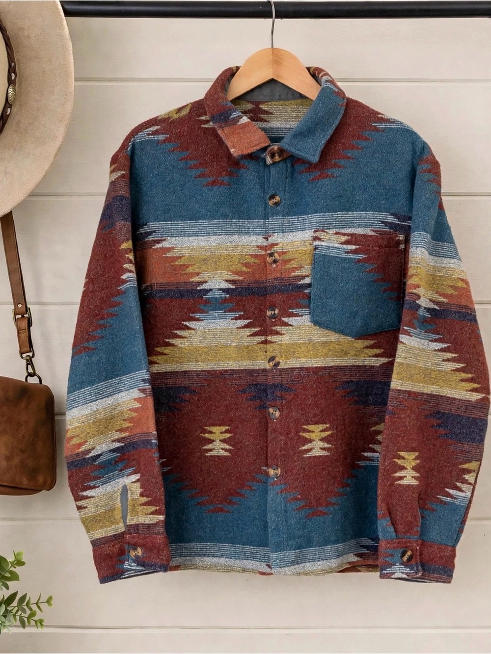Women’s Aztec Pattern Button-Up Jacket in Teal & Rust